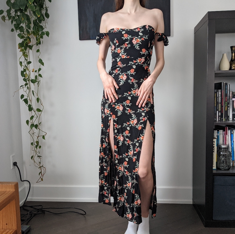 Flower Print Off the Shoulder Black Maxi Dress